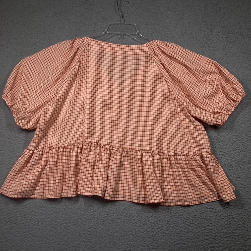 LC Lauren Conrad Crop Top Women's Petite‎ XL Brown Plaid Sleeve Cottagecore - Picture 8 of 9